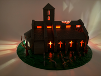 3D spookachtige kerk met verlichting